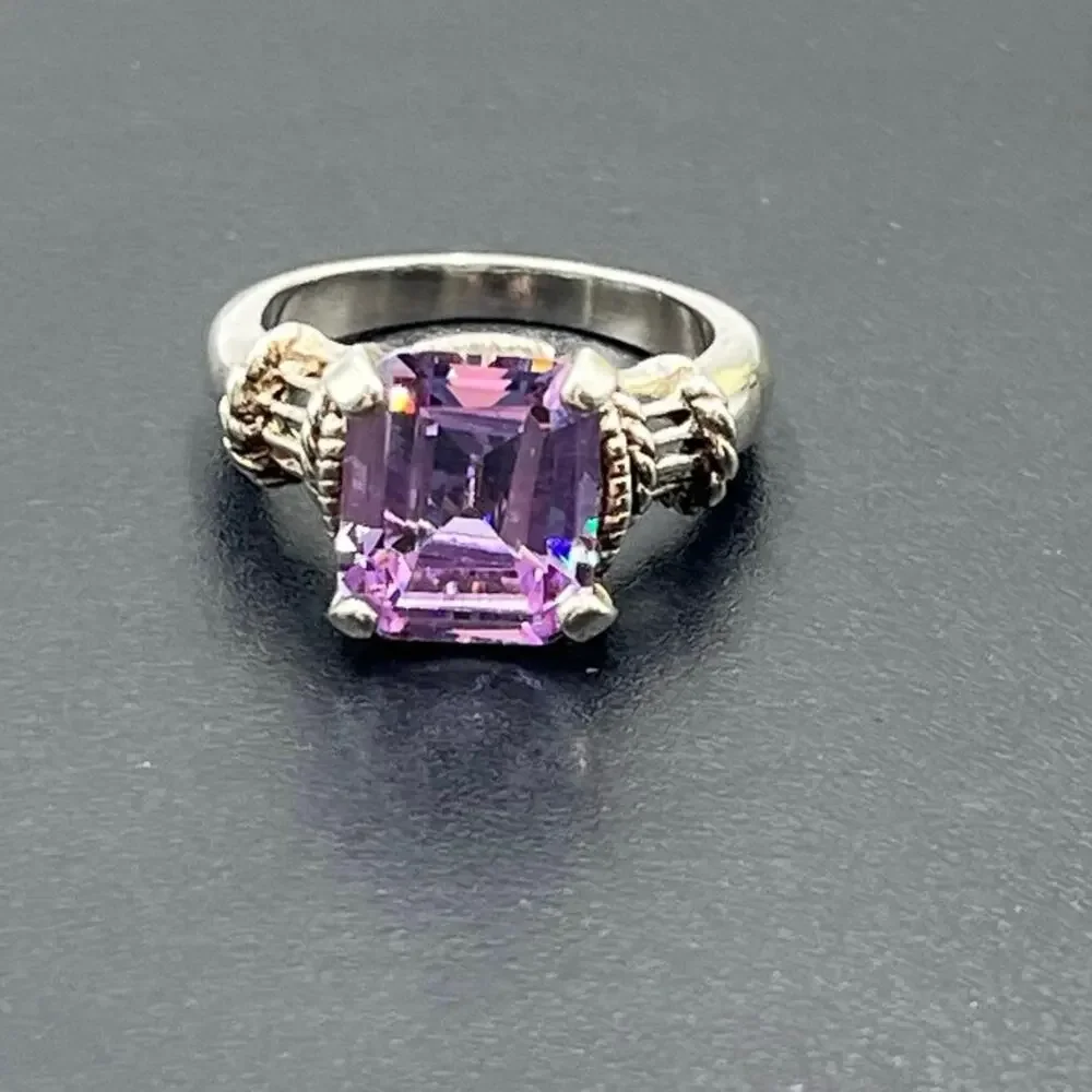 Designer 925 Sterling Silver Large Rectangle Cut‎ Purple Blue Prong CZ Ring Sz 9